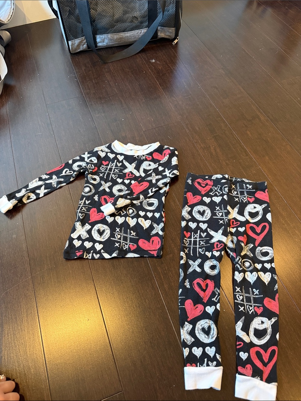 Kids Black Heart & XO Print Pajama Set with Red and White Accents